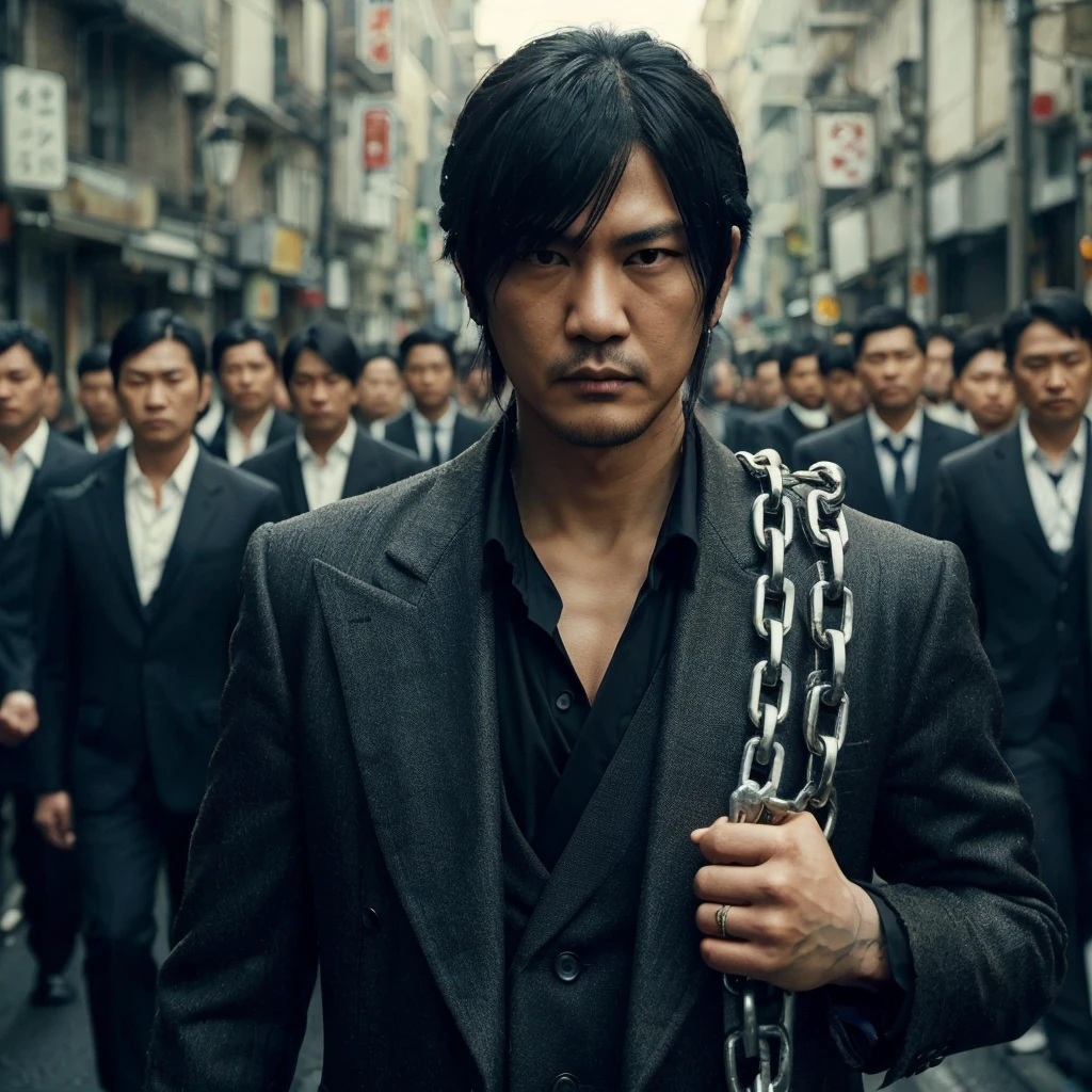 close up image, Yakuza with side bangs, wearing a black coat, holding a chain leading dozens of his men to prepare for battle, they walk through a narrow path on the side of the road. In the city, you can see many yakuza men walking on the street, the background is narrow. street on the edge of town, cinematic, realistic, very detailed