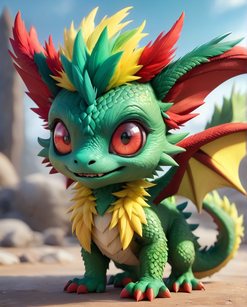 zhibi, an adorable and fluffy baby dragon with big color eyes, with soft feathers and wings, monster in pokemon style, "Monster", Cute, Colorful red green gradient fur, giant yellow cute beatiful detailed chibi eyes, cutie, eye contact, 8k, hdr, RAW, hyperrealistic, extremely detailed, sharp focus , natural lighting, detailed fur