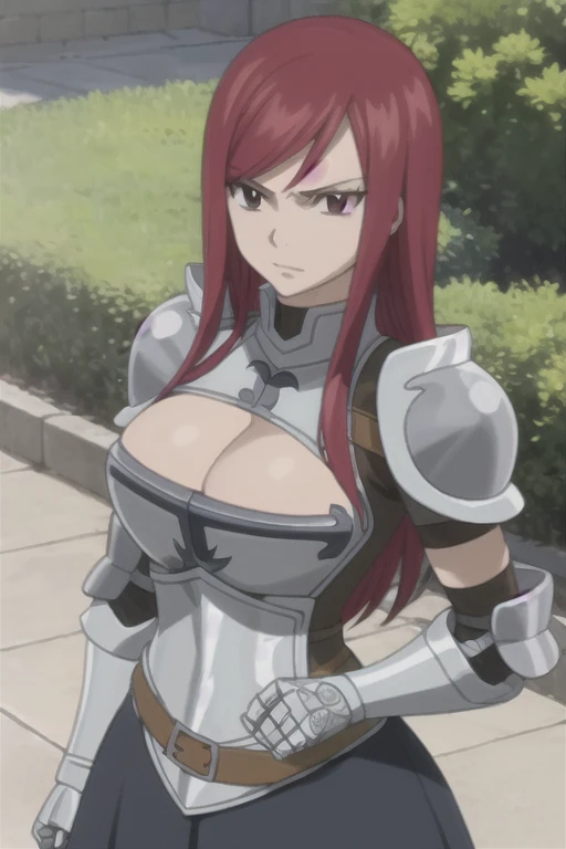 masterpiece, absurdres , (intricate details), (colorful), erza scarlet, armor, breastplate, gauntlets, shoulder armor, black skirt, large breasts, cleavage