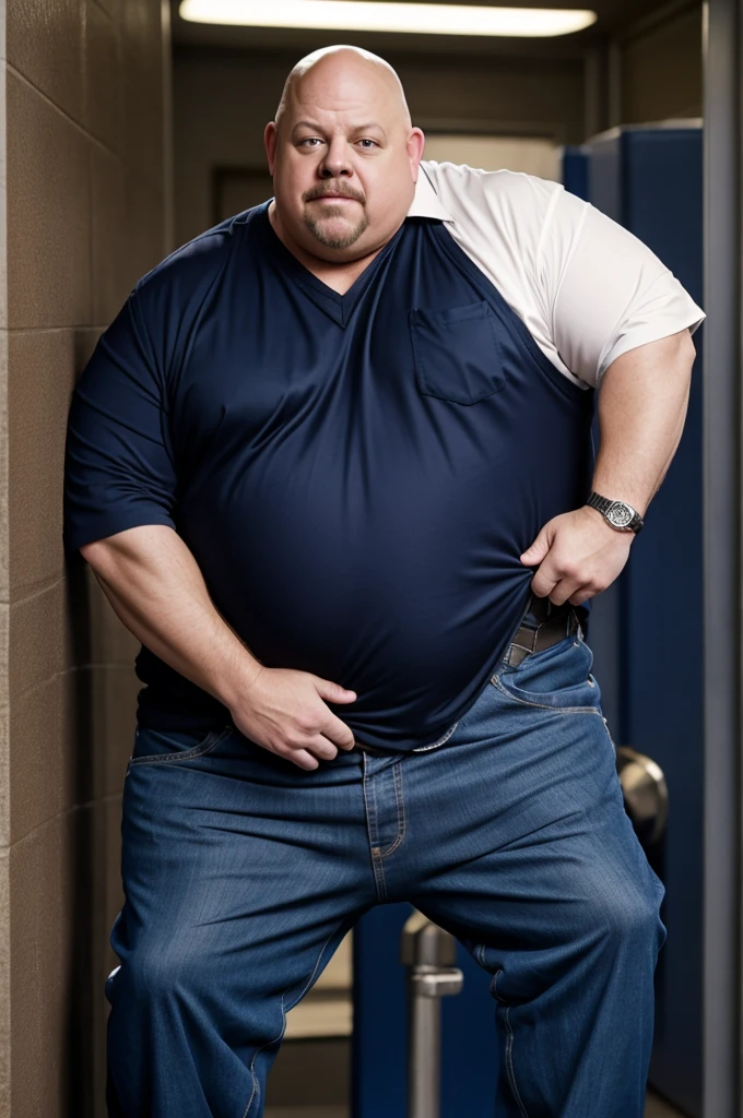 Kevin Chamberlin pees his pants while clutching his crotch in desperation.