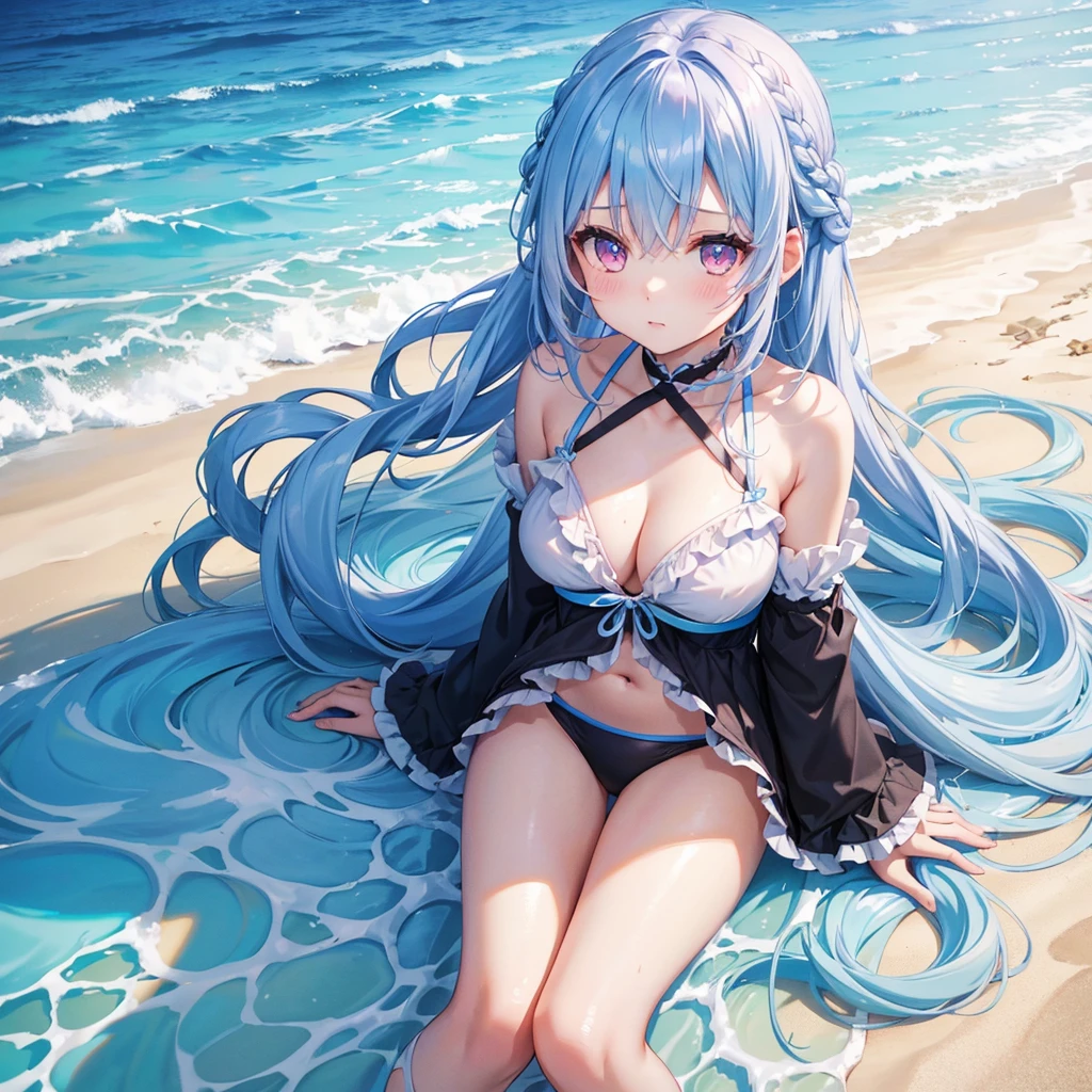 (Sky blue medium hair),(Braided hair tied together)、Pink eyes、Fair skin、(whole body)、(One Girl)、Black frilly swimsuit、Shining white sand beach in midsummer、Okinawa&#39;s ocean、A big smile、、(masterpiece、Highest quality、Very detailed、Best Shadow)、(Detailed Background)、(Beautifully detailed face)、High contrast、(Best lighting、Very delicate and beautiful)、((Cinematic Light))、colorful、Hyper Detail、Dramatic Light、Exquisite detail、Girl sitting