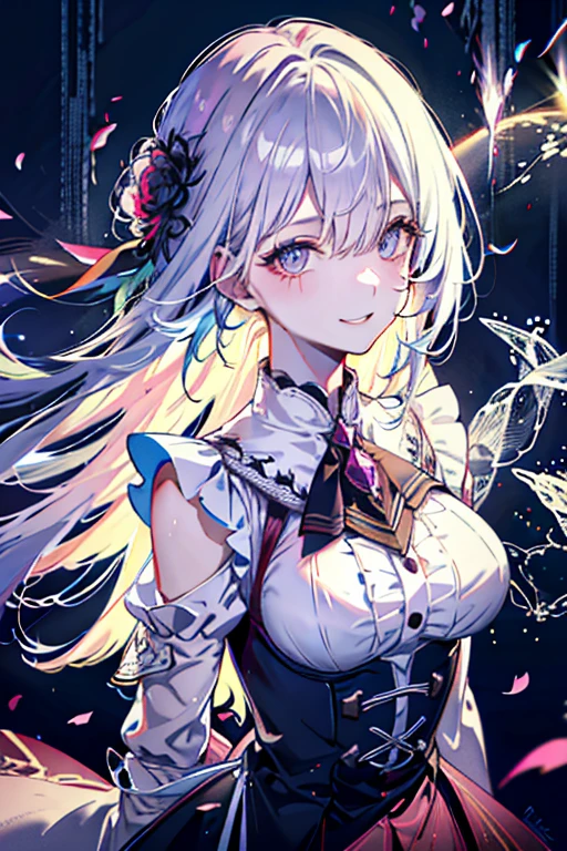 (best quality, Detailed background, high resolution, Ridiculous, bloom, disheveled hair, shiny hair, exposed to light, bright pupils, Focused and meticulous eyes),
1 girl, smile, earpiece, long hair, silver hair, big deal_breast, Put your arms behind your back, daytime, Outdoor activities, Black Forest, water, creek,
hair_decoration, (hair over one eye), Upper body, portrait,