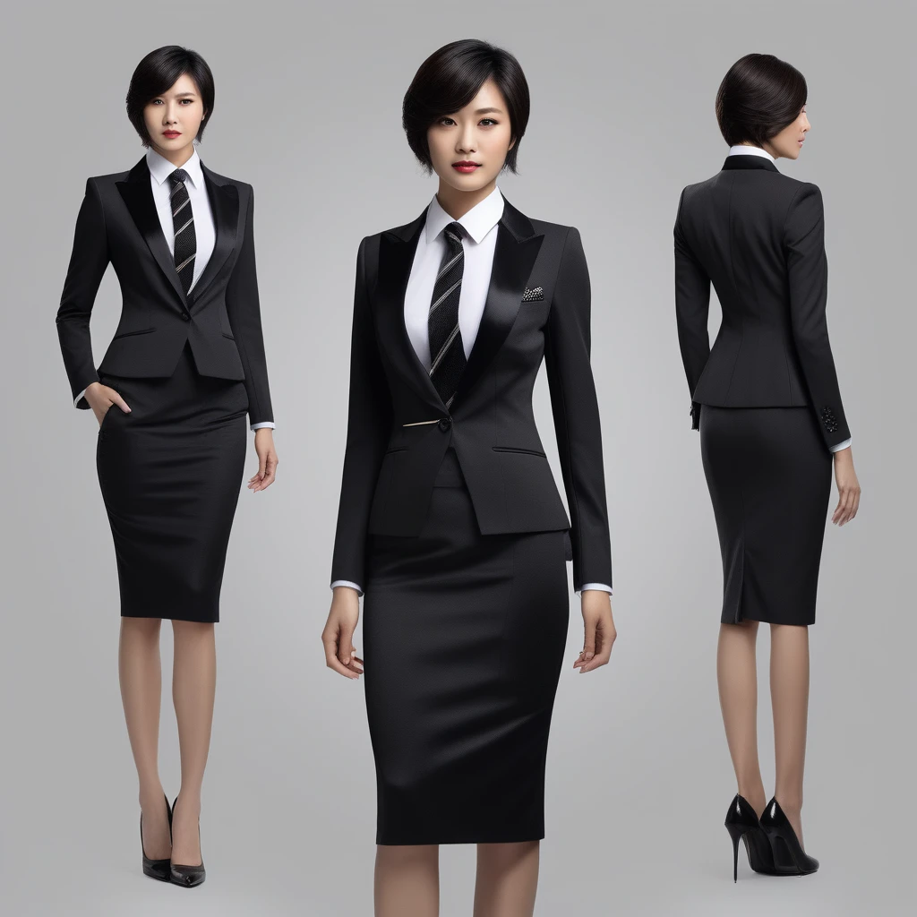 Ultra-realistic extremely detailed real life 8k masterpiece of a gorgeous asian woman, re ada wong, (((skirt suit))), (((three-piece suit))), (((dress shirt))), (((necktie))), (((blazer))), (((black lapel))), (((suit jacket))), ((waistcoat)), double-breasted waistcoat, (((bodycon miniskirt))), pocket square, cufflinks, tie clip , tailored suit,, extremely detailed facial features, dark scary epic lighting, horror composition