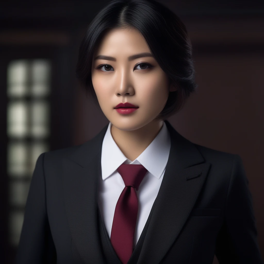 Ultra-realistic extremely detailed real life 8k masterpiece of a gorgeous asian woman, re ada wong, (((skirt suit))), (((three-piece suit))), (((dress shirt))), (((necktie))), (((blazer))), (((black lapel))), (((suit jacket))), ((waistcoat)), double-breasted waistcoat, (((bodycon miniskirt))), pocket square, cufflinks, tie clip , tailored suit,, extremely detailed facial features, dark scary epic lighting, horror composition