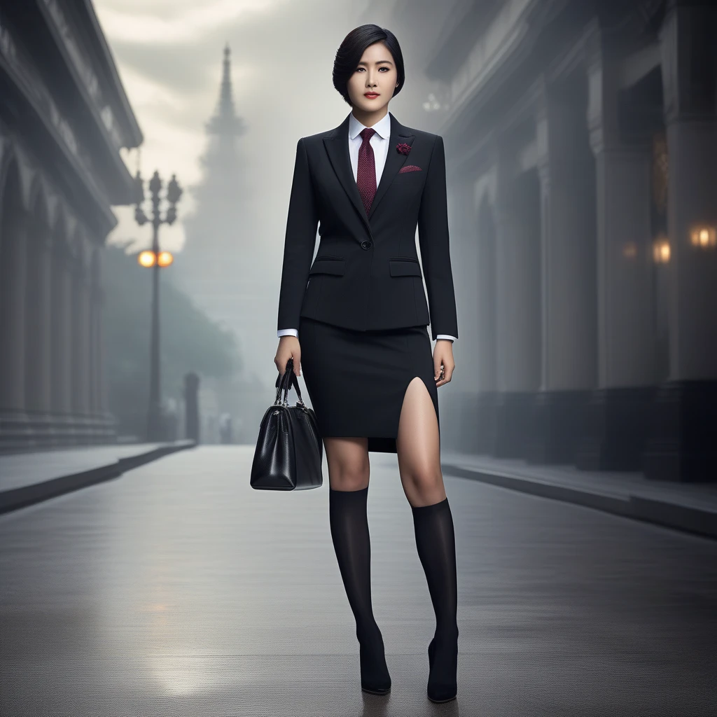 Ultra-realistic extremely detailed real life 8k masterpiece of a gorgeous asian woman, re ada wong, (((skirt suit))), (((three-piece suit))), (((dress shirt))), (((necktie))), (((blazer))), (((black lapel))), (((suit jacket))), ((waistcoat)), double-breasted waistcoat, (((bodycon miniskirt))), pocket square, cufflinks, tie clip , tailored suit,, extremely detailed facial features, dark scary epic lighting, horror composition