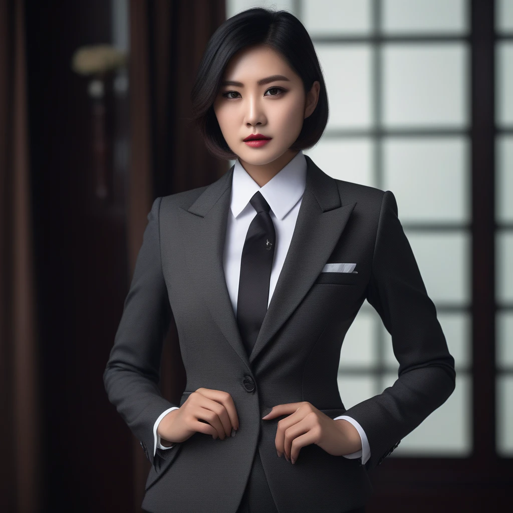 Ultra-realistic extremely detailed real life 8k masterpiece of a gorgeous asian woman, re ada wong, (((skirt suit))), (((three-piece suit))), (((dress shirt))), (((necktie))), (((blazer))), (((black lapel))), (((suit jacket))), ((waistcoat)), double-breasted waistcoat, (((bodycon miniskirt))), pocket square, cufflinks, tie clip , tailored suit,, extremely detailed facial features, dark scary epic lighting, horror composition