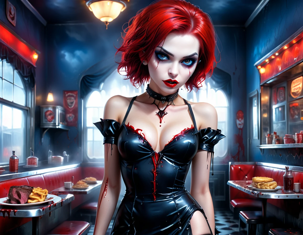 a 3D digital painting picture of extremely beautiful  female:1.3) serving a big juicy steak on a tray, dripping blood  in a goth American diner, an exquisite beautiful female (vampire:1.3), (full body: 1.1) ultra feminine ultra detailed face, red hair, short hair, red lips, blue eyes, wearing sexy white seductive latex dress, serving a goth diner American  kitchen background, full body dynamic angle, , award winning, best quality, high quality, high details, highres, vibrant, Ultra-high resolution, High Contrast, (masterpiece:1.5), highest quality, Best aesthetics, best details, best quality, highres, ultra wide angle, 16k, [ultra detailed], masterpiece, best quality,  photorealistic, 3D rendering, goth person