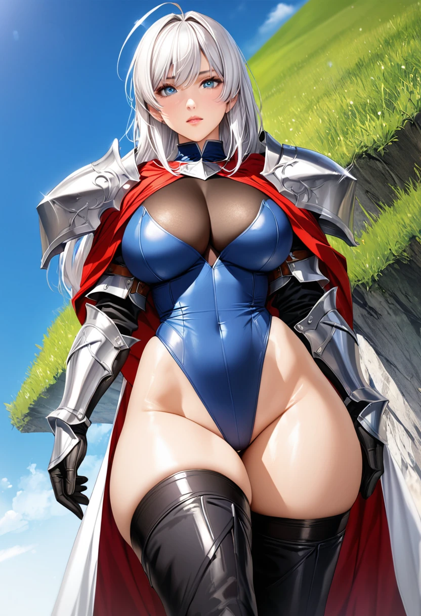 ((highest quality)), ((masterpiece)), ((hyperrealistic)), (detailed background), 1girl, ((curvy: 1.2)), ((lame blue leotard)), ((catsuit leotard)), (knight armor), (See-through long skirt dress), cloak de cour, gauntlet, gloves, white hair, ahoge, (large breasts), (see-through cleavage cutout), (zettai ryouiki black thigh high boots), (pantyhose thighs), (pantyhose groin area), beautiful eyes, perfect face, Perfect hands, perfect fingers, Blue sky and grassland,