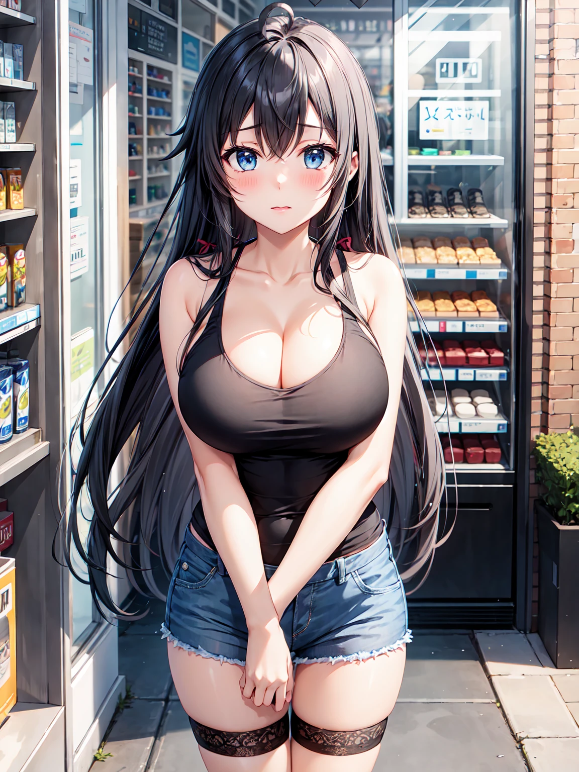 Masterpiece ,best quality , high resolution , (1 girl solo:1.38) , (yukino yukinoshita, black hair, blue eyes, long hair, ahoge) , (cleavage:1.1) , (big breast:1.12) , (denim_micro_short , top tank , stockings , sleeveless) , (face view , front view , look at view) , ( windows , outdoor , road , on street , in front of shop ) , (standing , thighs ) , (cowboy_shot) , ( full face blush , shy )