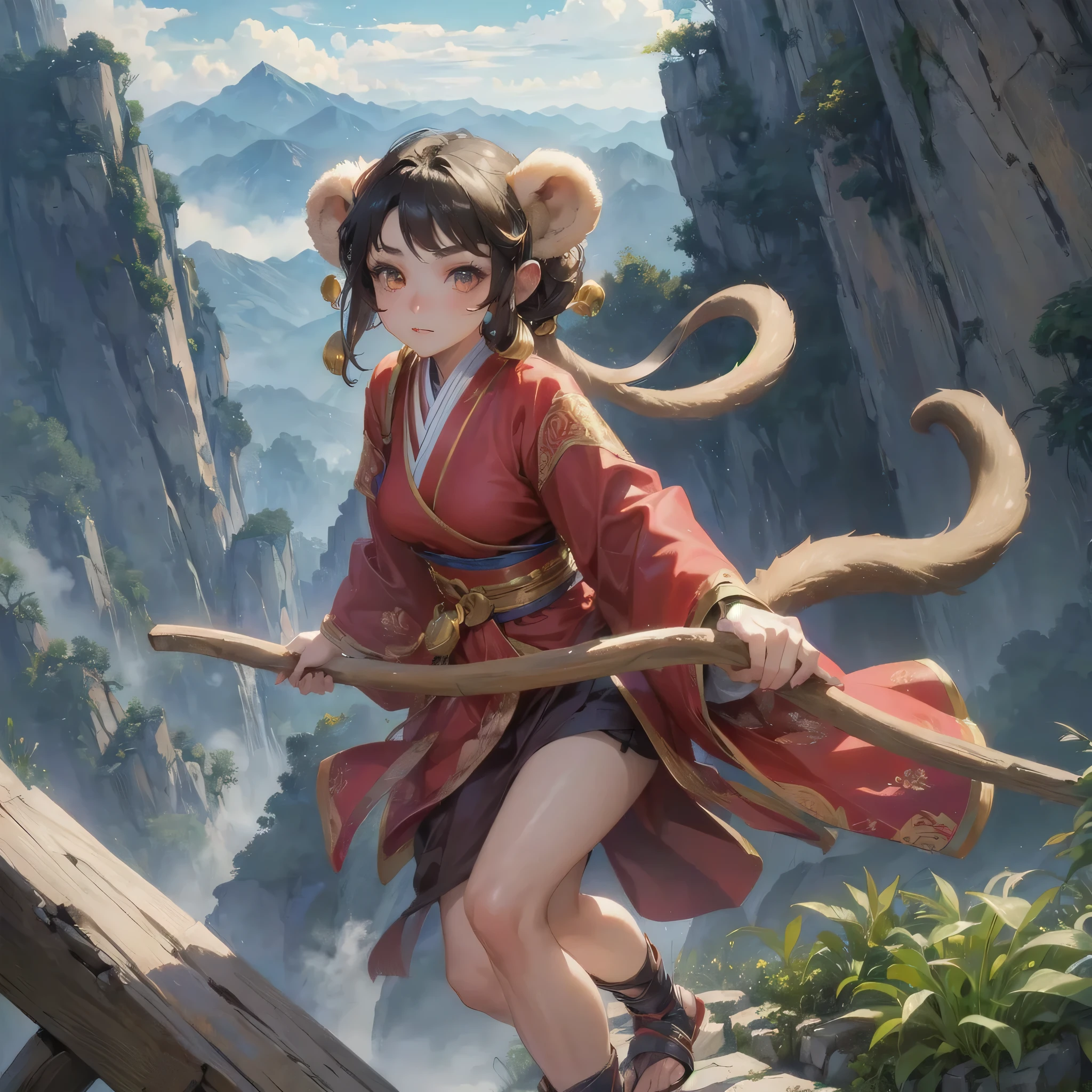  masterpiece, (textured skin), best quality, gorgeous beautiful girl, (a female 
monkey ears,monkey tail),,detailed clothes,large breasts,narrow waist,, (beautiful face), cinematic lighting, (fantasy anime art ),