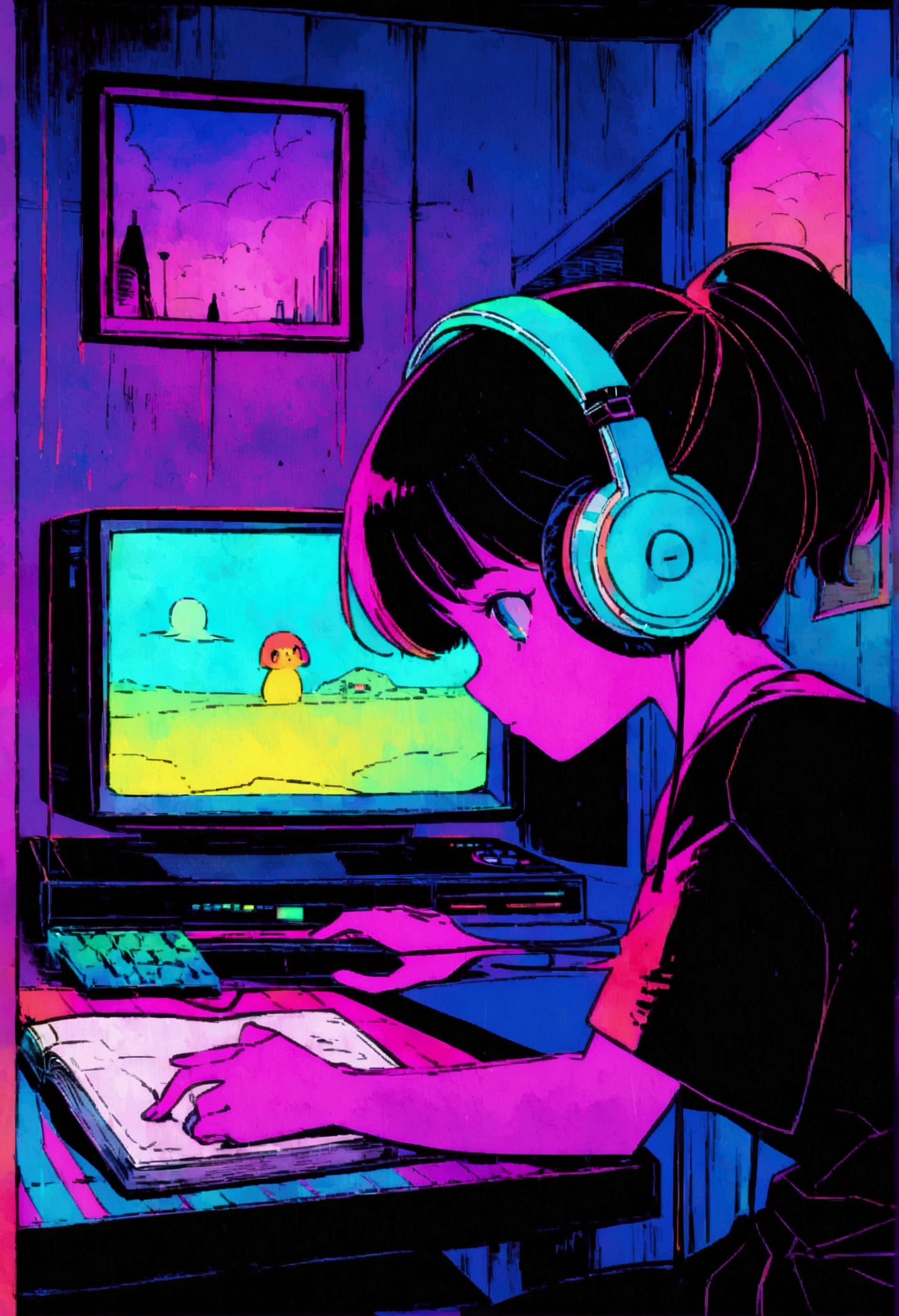 (zero), Girl listening to music in room,I read a book, Wear headphones, ,night lighting, Neon scenery on a rainy day,Analog Color Theme, Lo-fi Hip Hop , review, flat, 2.5D ,Draw a line, Ink painting, Large slope, Watercolor, Goosh Colors, Studio Ghibli style, Great colorful, Outerton, Synthwave, Lofi Art,90s Style,Old Texture, amplitude,90s vibe, Tabletop, Great technology, 16:9 Scale