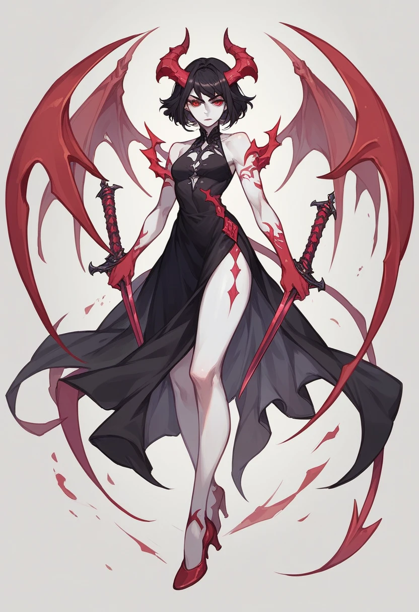 A woman of 1,68 short hair, white skin, black hair, red crimson eyes, full body shot, demon horns, two swords, wears black dress, heels