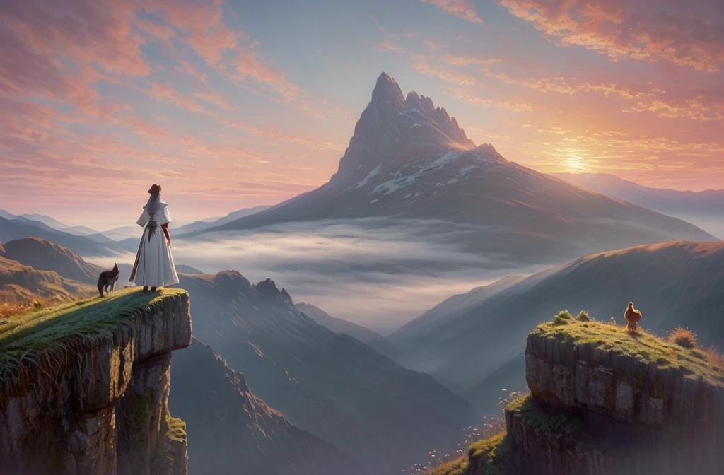 Magical digital illustration, surrealism, sunset, huge wolf walk among the mountains, turns round and looks at the girl, girl standing with her back, A girl stands on a wooden balcony overlooking a vast, misty mountain landscape, a girl dressed in a Caucasian national dress, with two long braids, calm peaceful atmosphere, natural light, (( Artem Chebokha, Devin Elle Kurtz, Rossdraws style)), Peter Morbacher style, awarded on artstation, cinematic light, magical light, The scene combines elements of fantasy and nature: the girl is looking into the distance, while the huge wolf adds a surreal touch