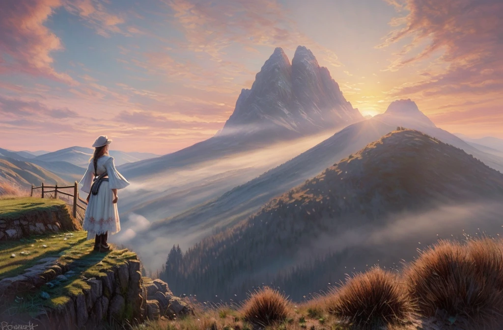 Magical digital illustration, surrealism, sunset, huge wolf walk among the mountains, turns round and looks at the girl, girl standing with her back, A girl stands on a wooden balcony overlooking a vast, misty mountain landscape, a girl dressed in a Caucasian national dress, with two long braids, calm peaceful atmosphere, natural light, (( Artem Chebokha, Devin Elle Kurtz, Rossdraws style)), Peter Morbacher style, awarded on artstation, cinematic light, magical light, The scene combines elements of fantasy and nature: the girl is looking into the distance, while the huge wolf adds a surreal touch