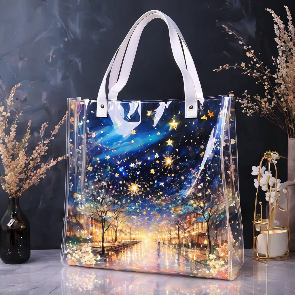 (masterpiece, best quality:1.2)，Transparent Tote Bag。transparent plastic bag。glowing stars。Oil painting style。