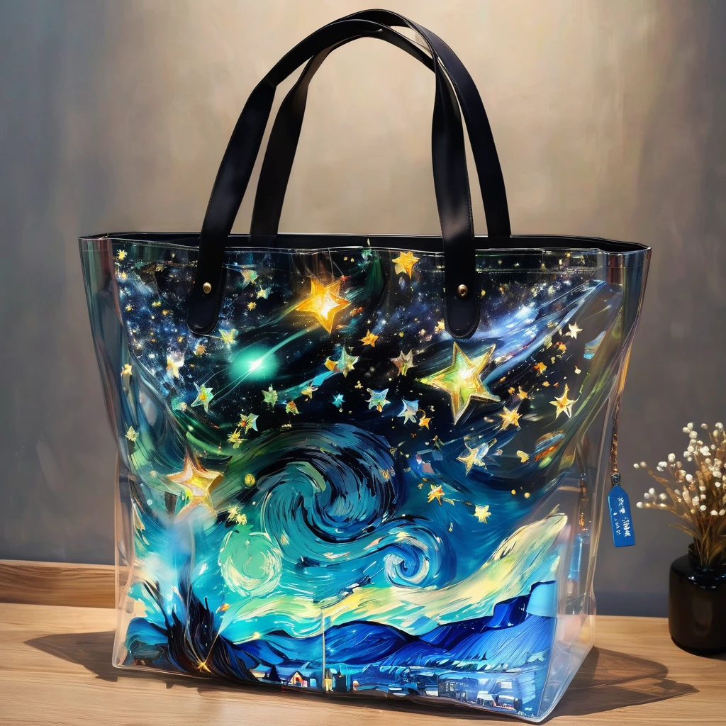 (masterpiece, best quality:1.2)，Transparent Tote Bag。transparent plastic bag。glowing stars。Oil painting style。