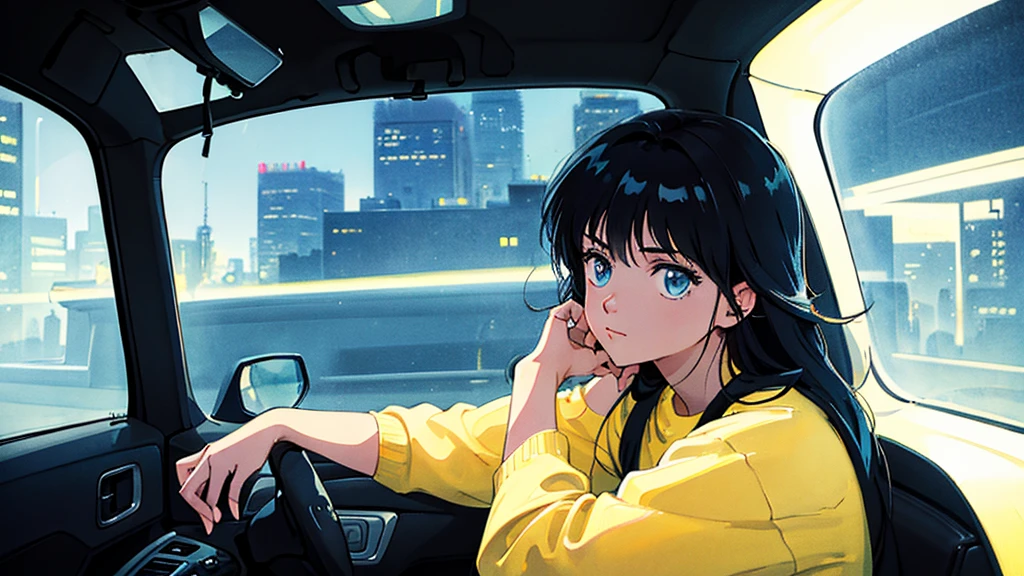 Create an image from the angle inside a car, showing a woman with a thoughtful expression on her face as she gazes out of the side window at the cityscape. The city outside should be visible, illuminated by streetlights and neon signs. Use soft, pastel colors and subtle gradients to capture a dreamy, reflective atmosphere. Ensure the interior of the car feels cozy and comfortable, adding to the overall serene vibe.窓の外を見ている。