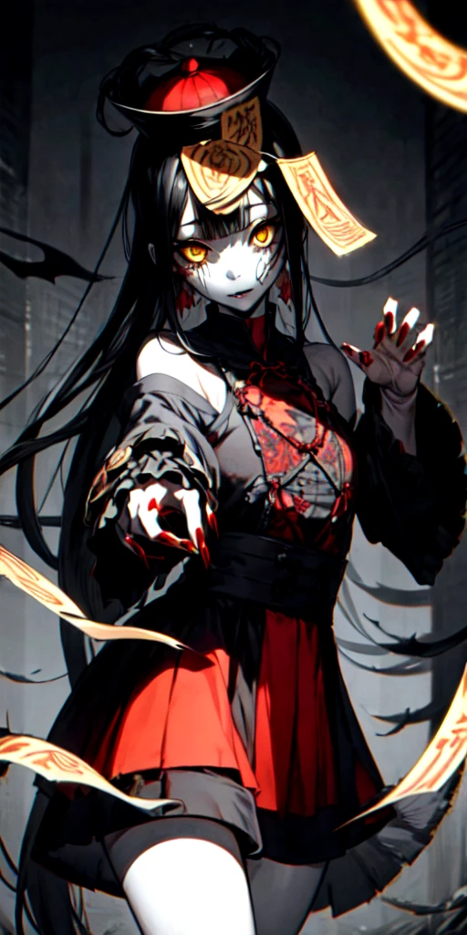 lora:flat:-1.2, masterpiece, best quality, 4k, 8k, 1 woman, solo, tall stature, long hair, blunt bangs, side braid, black hair, ugly face, bad face, bad eyes, droopy eyes, unclear eyes, ruby red eyes, lemon yellow eyes, pale skin, black eyeliner, black eye shadow, heterochromia, slender frame, sad, ofuda, jiangshi costume:1.2, fang, horror, coffin, forest, dark night, stormy weather, fog, from front, cowboy shot, look at viewer, paw pose,