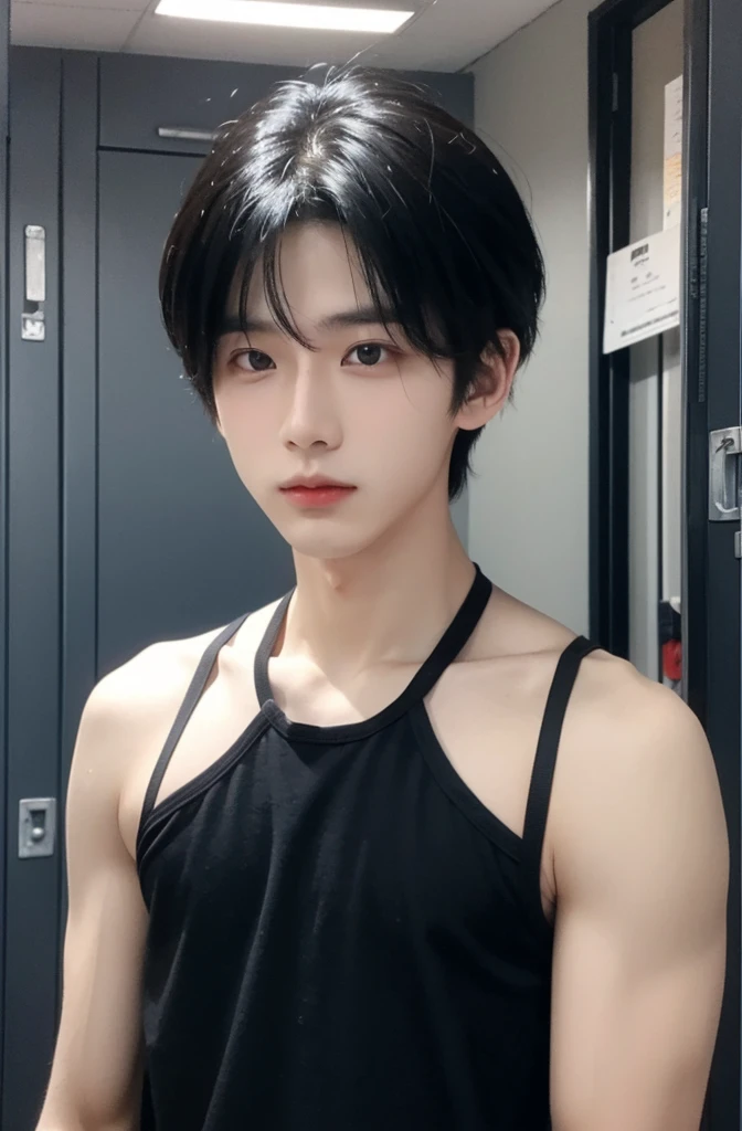 One boy、Beautiful Boy、18-year-old、Japanese Boy、Beautiful Boy、Black Hair、locker room、sit、