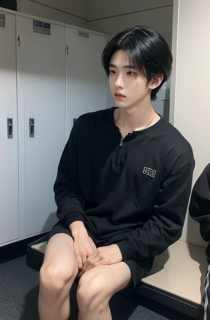 One boy、Beautiful Boy、18-year-old、Japanese Boy、Beautiful Boy、Black Hair、locker room、sit、