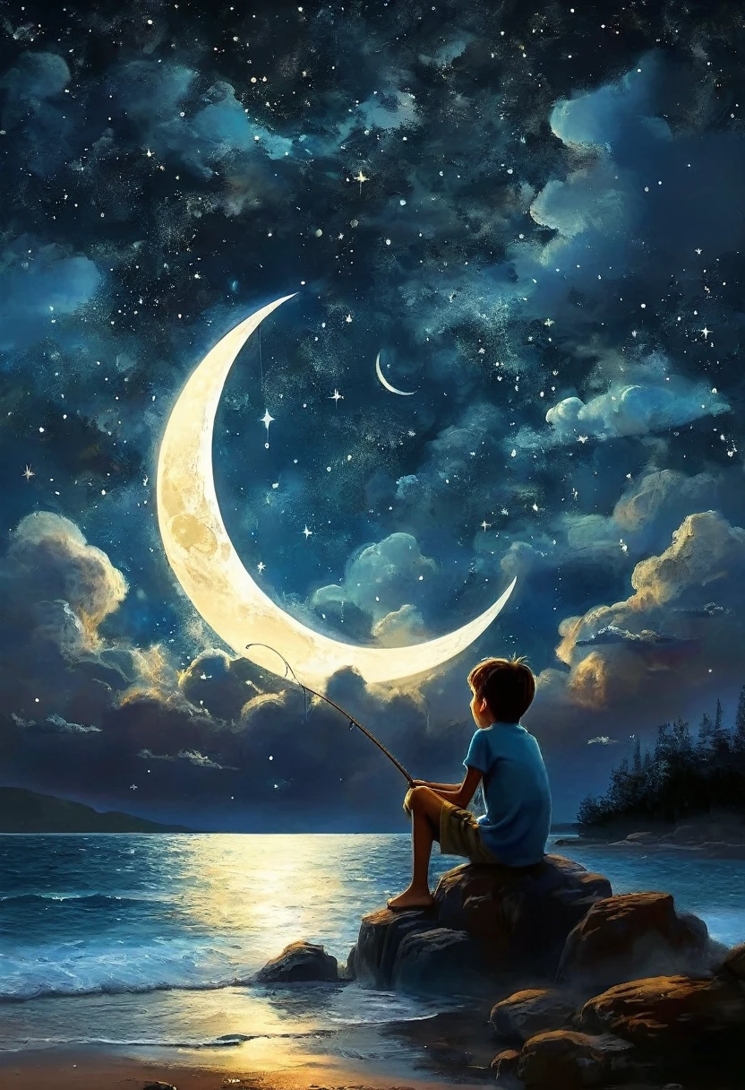 "Against the backdrop of the starry night sky, a boy sits on a crescent moon, quietly fishing with a simple fishing rod. The moonlight gently illuminates his face, reflecting childhood dreaminess and tranquility. Clouds float around him, creating a feeling of lightness and magic. The stars twinkle, adding an atmosphere of magic and mysteries. This scene conveys a sense of privacy and freedom, inviting the viewer to immerse itself in a world of fantasy."
8K, super detail, magical realism, cozy atmosphere, childhood dream, starry sky, moonlight, soft clouds, magical composition, deep colors, dreamy, calm, creative style, inspiring landscape.