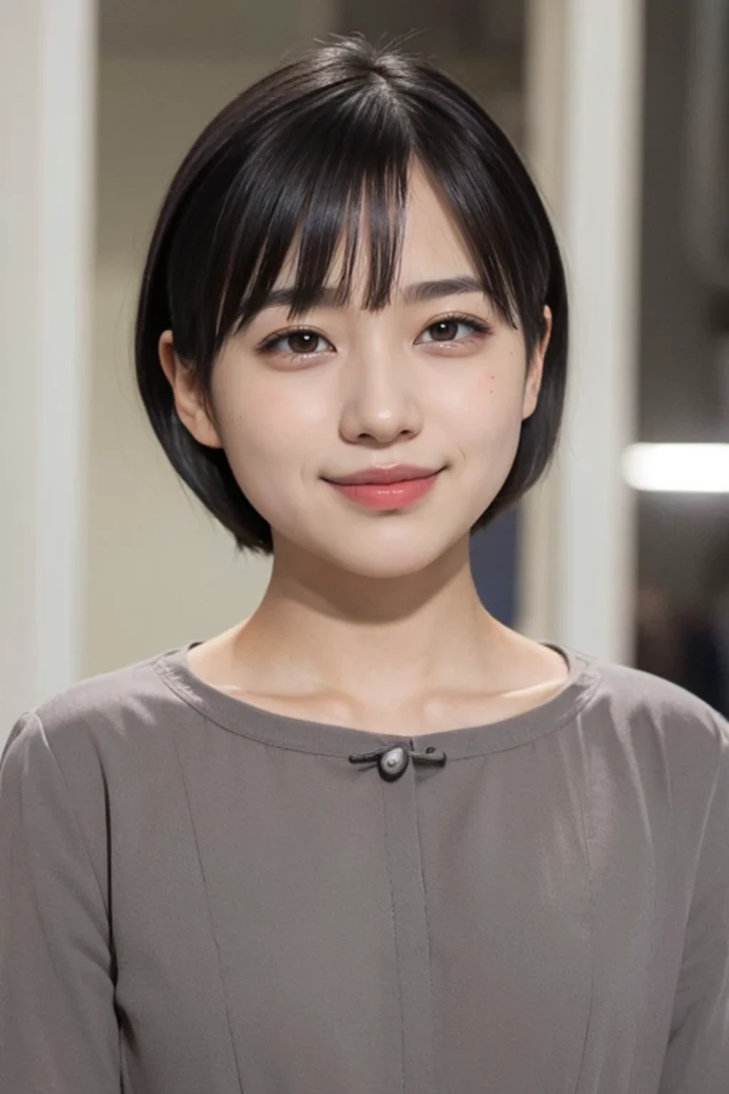 (Subdued lighting effect, naked, nude:1.3), 8k, RAW photo, best quality, masterpiece, realistic, photo-realistic, clear, beautiful face, no makeup, best quality, ultra high res, BREAK, Japanese cute girl, 14 years old, (short cut hair:1.2), smile, BREAK, standing, BREAK, (office:1.3), (black eyes, black hair:1.2)