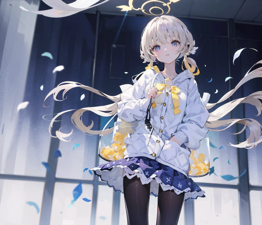 Anime girl1, long. Grey hair, blue eyes, (hair blows to the left side perfect long bangs) Wearing a bright blonde vest, wearing a blonde hoodie vest,Using a blue jabot) head pose to the right without looking ahead, (Room background, open glass school windows, shiny tables)), clear photo frame of a beautiful woman, The right hand holds a flower stem with white petals that have withered, smiled, Hand holding a rectangular glass aquarium filled with purple flowers