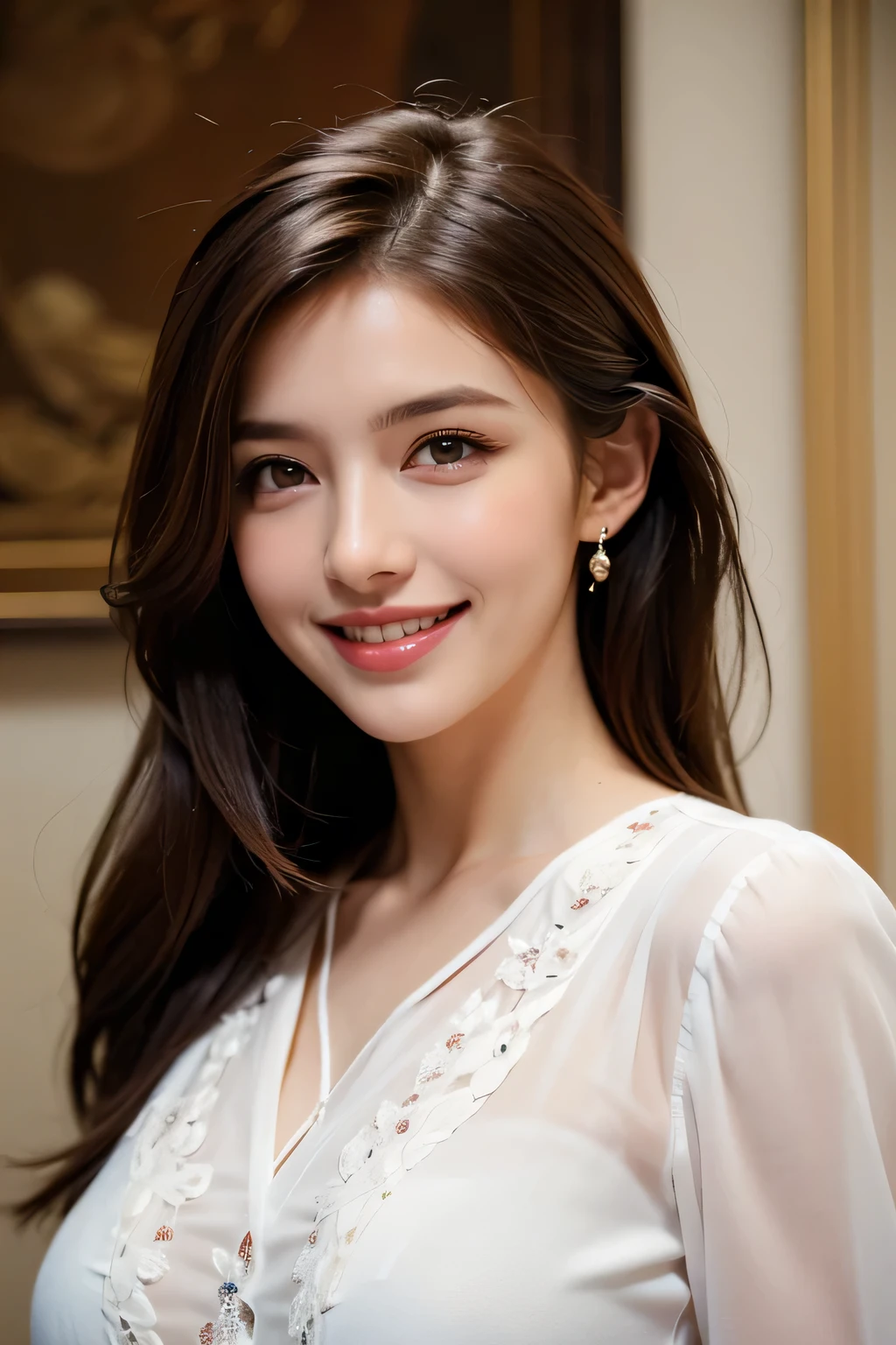 ((masterpiece)), ((Highest quality)), ((Complex)), ((Surreal)), (Realistic), (Mature Woman), ((There are no classes)), Very detailed, (1 female), Beautiful and exquisite, (Beautiful Teeth), Grin, Brunette Bob Hair, Brown eyes, ((blouse)), (Upper Body), (background:none), Perfect Eyes, Captivating eyes, Looking at the audience