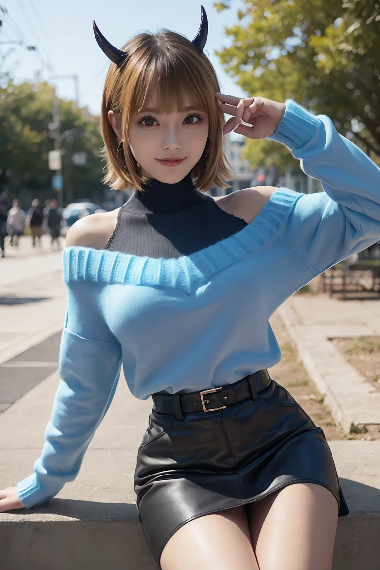 memcho, memcho, (Big Breasts:1.3), Blonde, blue eyes, Blunt bangs, devil horn, fake horn, horn, short hair, Breaking the Bare Shoulders, black skirt, (blue sweater: 1.5), Long sleeve, Off the shoulder, Off the shoulder sweater, Puffy sleeves, skirt, sweater, White ribbon, Taking a break from watching the audience, (at the park), (masterpiece: 1.2), best quality, High resolution, Unity 8k wallpaper, (An illustration: 0.8), (Beautiful eye details: 1.6), Very detailed顔, Perfect lighting, Extremely detailed CG, (Perfect hands, Perfect Anatomy) , Perfect Eyes, Have a very sexy body, Have a full chest and a slim waist, And a very sexy body, Bold Look. young, quality, Very detailed, Realistic, smile, Calm, Perfect Eyes, Have a very sexy body, Have a full chest and a slim waist, And a very sexy body, Bold Look. young, quality, Very detailed, Realistic,