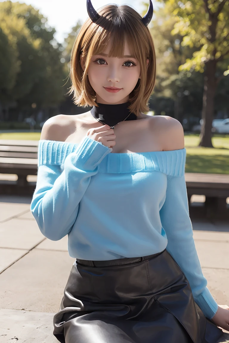 memcho, memcho, (Big Breasts:1.3), Blonde, blue eyes, Blunt bangs, devil horn, fake horn, horn, short hair, Breaking the Bare Shoulders, black skirt, (blue sweater: 1.5), Long sleeve, Off the shoulder, Off the shoulder sweater, Puffy sleeves, skirt, sweater, White ribbon, Taking a break from watching the audience, (at the park), (masterpiece: 1.2), best quality, High resolution, Unity 8k wallpaper, (An illustration: 0.8), (Beautiful eye details: 1.6), Very detailed顔, Perfect lighting, Extremely detailed CG, (Perfect hands, Perfect Anatomy) , Perfect Eyes, Have a very sexy body, Have a full chest and a slim waist, And a very sexy body, Bold Look. young, quality, Very detailed, Realistic, smile, Calm, Perfect Eyes, Have a very sexy body, Have a full chest and a slim waist, And a very sexy body, Bold Look. young, quality, Very detailed, Realistic,