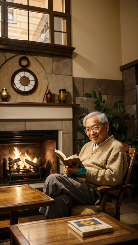 An old Asian man, about sixty years old, smiling appearance, eyes looking straight at the camera. he is sitting reading a book. in a cozy room with a fireplace behind it and a large glass window behind it is a beautiful golden mini moon, comic style, 4k rendering, UHD, acetate.