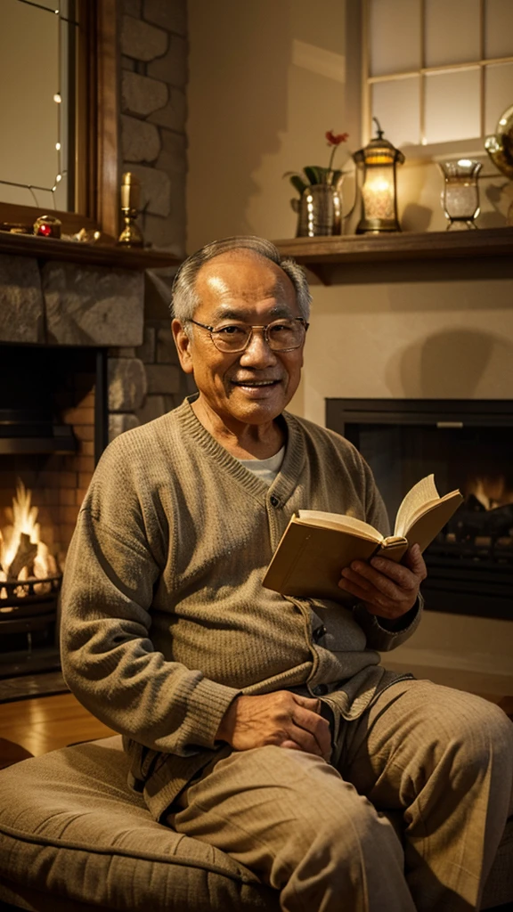 An old Asian man, about sixty years old, smiling appearance, eyes looking straight at the camera. he is sitting reading a book. in a cozy room with a fireplace behind it and a large glass window behind it is a beautiful golden mini moon, comic style, 4k rendering, UHD, acetate.