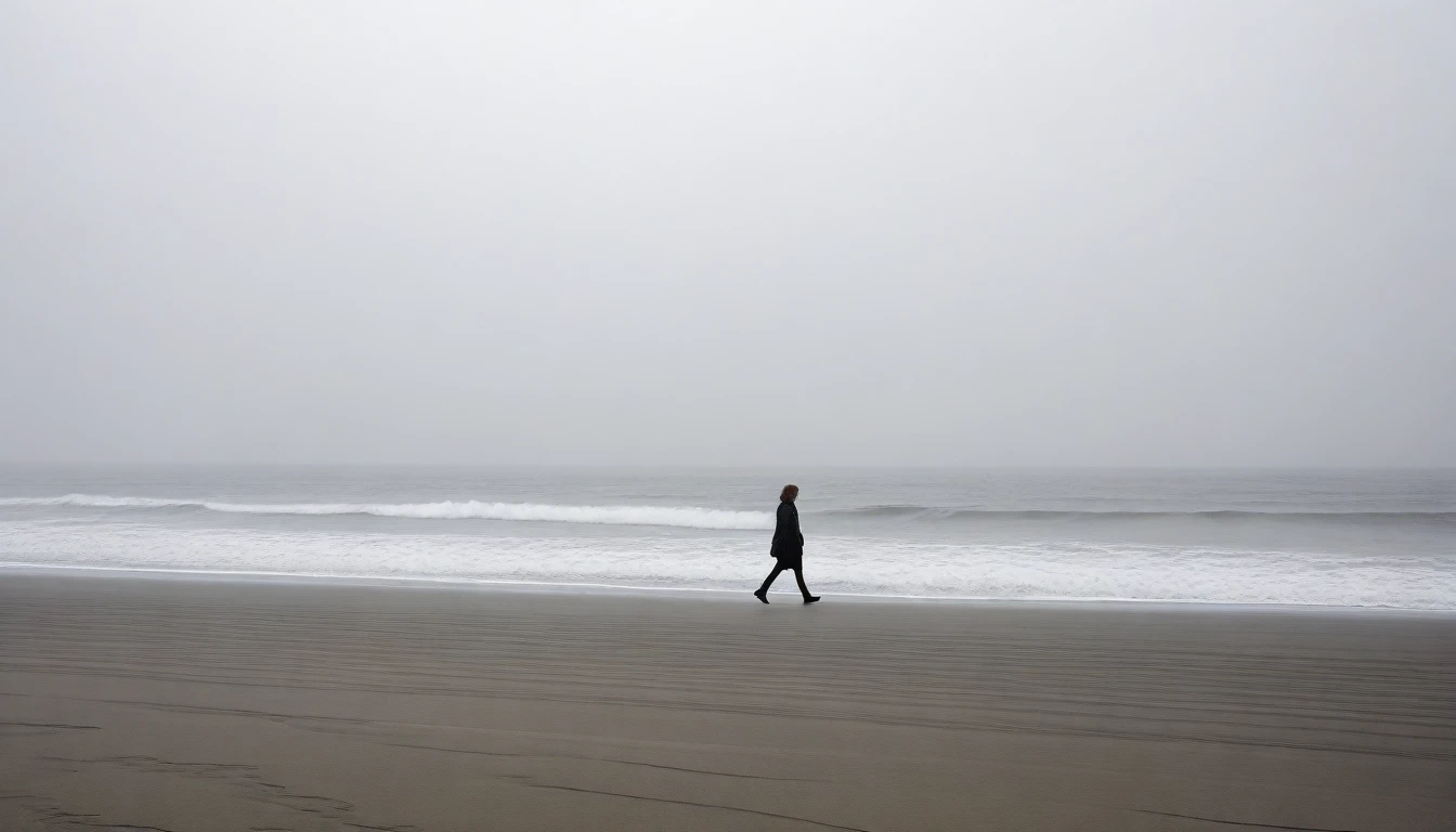 deserted long beach, Short haired woman walking from afar, alone, A horizon without any mountains, foggy, afternoon, depressed, waves are coming