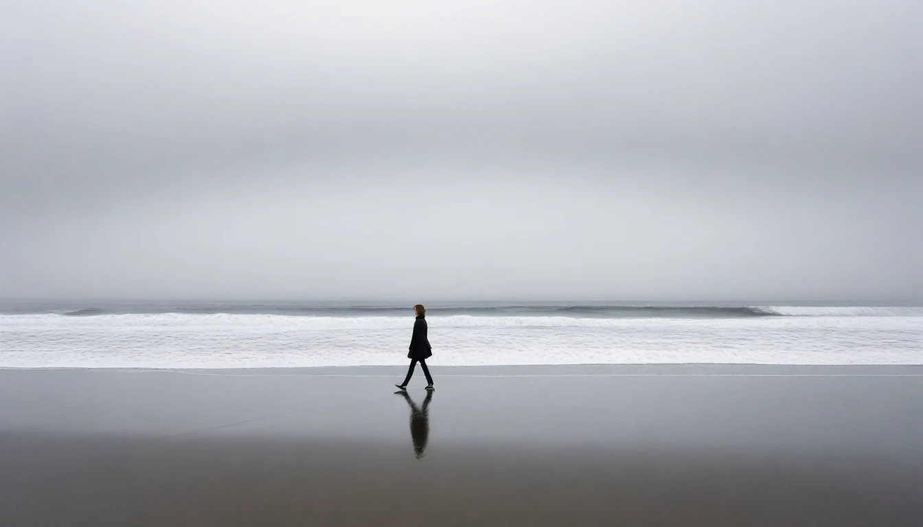 deserted long beach, Short haired woman walking from afar, alone, A horizon without any mountains, foggy, afternoon, depressed, waves are coming