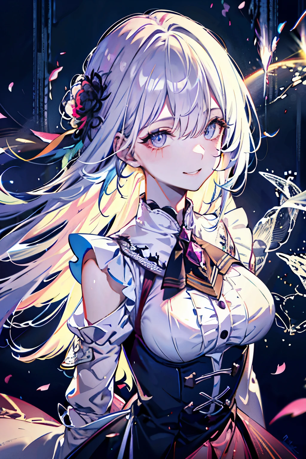 (best quality, Detailed background, high resolution, Ridiculous, bloom, disheveled hair, shiny hair, exposed to light, bright pupils, Focused and meticulous eyes),
1 girl, smile, earpiece, long hair, silver hair, big deal_breast, Put your arms behind your back, daytime, Outdoor activities, Black Forest, water, creek,
hair_decoration, (hair over one eye), Upper body, portrait,