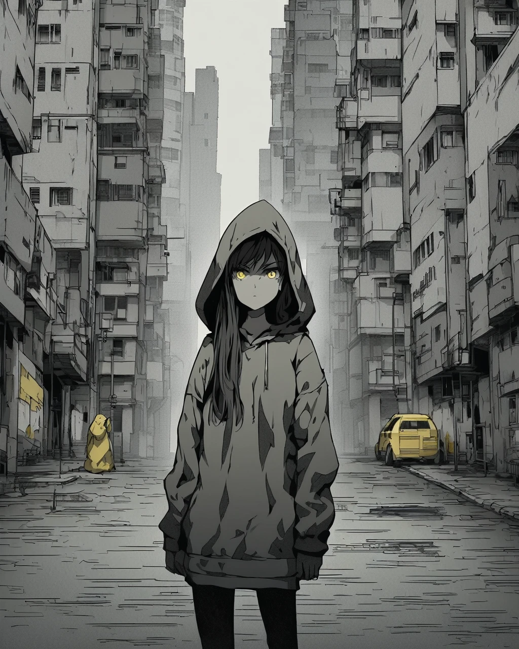 "Create an anime-style illustration of a girl standing in an urban environment. She has long hair, wears a large yellow and black hoodie with the hood up, and looks up at the viewer with a serious expression. The background is a cityscape with yellow and gray tones, featuring buildings and roads."