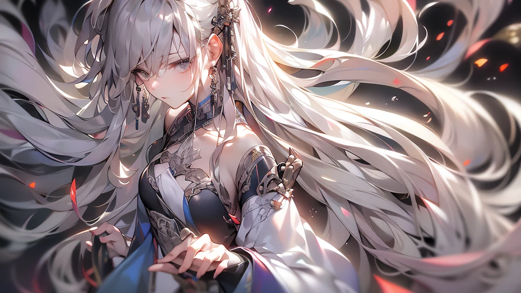 super high quality, masterpiece, Perfect illustration, Very detailed (Exquisite light and shadow, Very dramatic photo,Backlight) , ((Gray Hair:1.5))1 Girl,(( alone:1.6)), (Wearing Han clothes, Black and white Hanfu,Monotony,Long sleeve) (White smoke:1.3) (Realistic:1.4), Official Art, unity 8k wallpaper, Very detailed, Beautiful and beautiful, masterpiece, Highest quality, (Dynamic Angle: 1.4), Glowing Skin, (Floating colorful flashes: 1) The most beautiful chaotic shapes, elegant, Brutalist Design, Bright colors, Romantic Depth of Field Exotic_dance, half_naked、Expose your shoulders、Ample breasts、Great cleavage、Lean forward