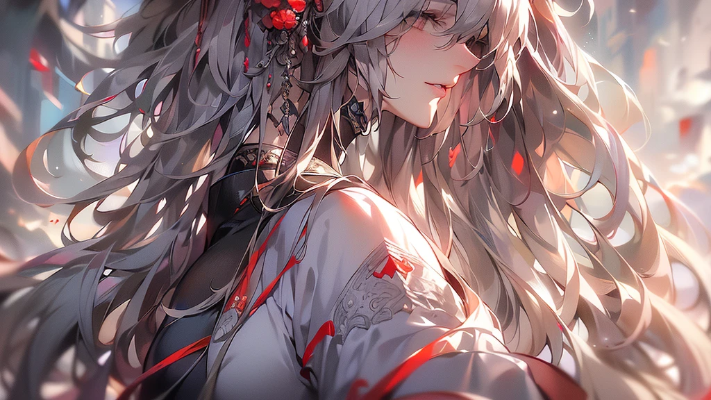 super high quality, masterpiece, Perfect illustration, Very detailed (Exquisite light and shadow, Very dramatic photo,Backlight) , ((Gray Hair:1.5))1 Girl,(( alone:1.6)), (Wearing Han clothes, Black and white Hanfu,Monotony,Long sleeve) (White smoke:1.3) (Realistic:1.4), Official Art, unity 8k wallpaper, Very detailed, Beautiful and beautiful, masterpiece, Highest quality, (Dynamic Angle: 1.4), Glowing Skin, (Floating colorful flashes: 1) The most beautiful chaotic shapes, elegant, Brutalist Design, Bright colors, Romantic Depth of Field Exotic_dance, half_naked、Expose your shoulders、Ample breasts、Great cleavage、Lean forward