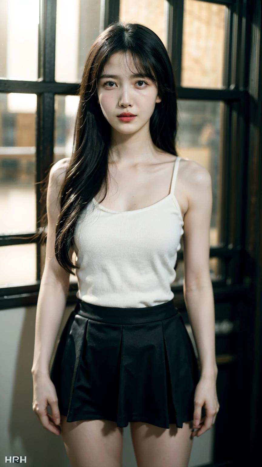 1girl, woman, masterpiece, best quality, highest quality, cinematic lighting, (volumetric lighting), extremely detailed CG unity 8k wallpaper, focused, 8k wallpaper, extremely detailed, ultra realistic, photorealistic, sharp focus, absurdres, (HDR:1.2), (high contrast), photograph, detailed and intricate, instagram, portrait, highly detailed, digital painting, artstation, concept art, smooth, sharp focus, illustration, cinematic lighting, (golden ratio of breast size), ((medium shoulder)), (skinny legs), (slender body), (height 163cm), (HQ skin:1.4), (knit strap tanktop, very short black skirt), (standing, show thighs), ((long hair)), (hips shot, hip level shot), medium shot, ((eyes looking at viewer)), arm crossed.