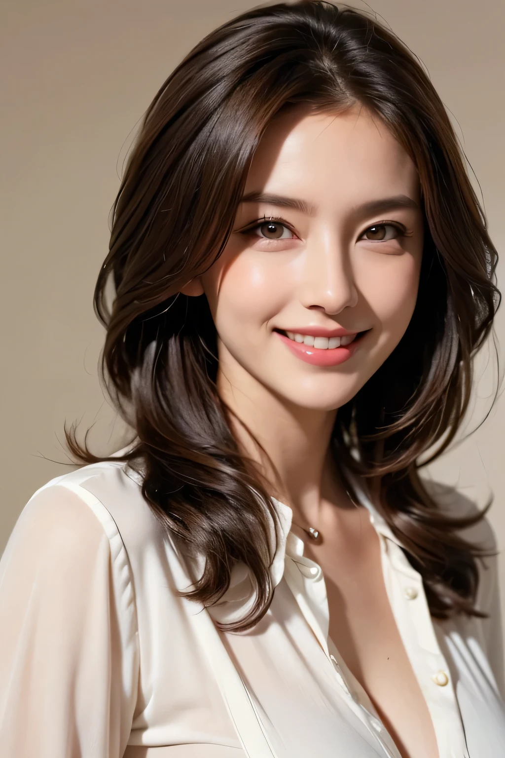 ((masterpiece)), ((Highest quality)), ((Complex)), ((Surreal)), (Realistic), (Mature Woman), ((There are no classes)), Very detailed, (1 female), Beautiful and exquisite, (Beautiful Teeth), Grin, Brunette Bob Hair, Brown eyes, ((blouse)), (Upper Body), (background:none), Perfect Eyes, Captivating eyes, Looking at the audience
