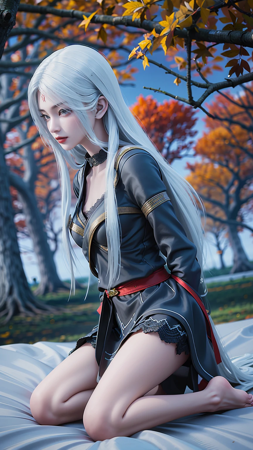 best quality,masterpiece,Final Solution,Fluffy,Colorful,Mature beautiful woman,(wear uniform),Lace skirt,(美女被Beheading),Normal posture,(Kneel down),Kneel down on the bed,shackles,Beheading,collar,black ,barefoot,Normal posture