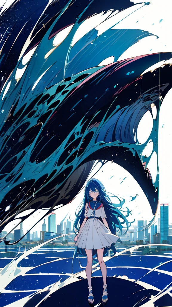 Blue-haired long hair,Design clothing,Seven-doppelganger shot,Anime style 4K,Anime girl with teal hair,High quality anime art style,Standing painting,Splash ink background,Blue Themes、Pure white background,Buildings,Face close-up,Buildings,Moon and sun、Long legs, whale flying in the sky,giant whale