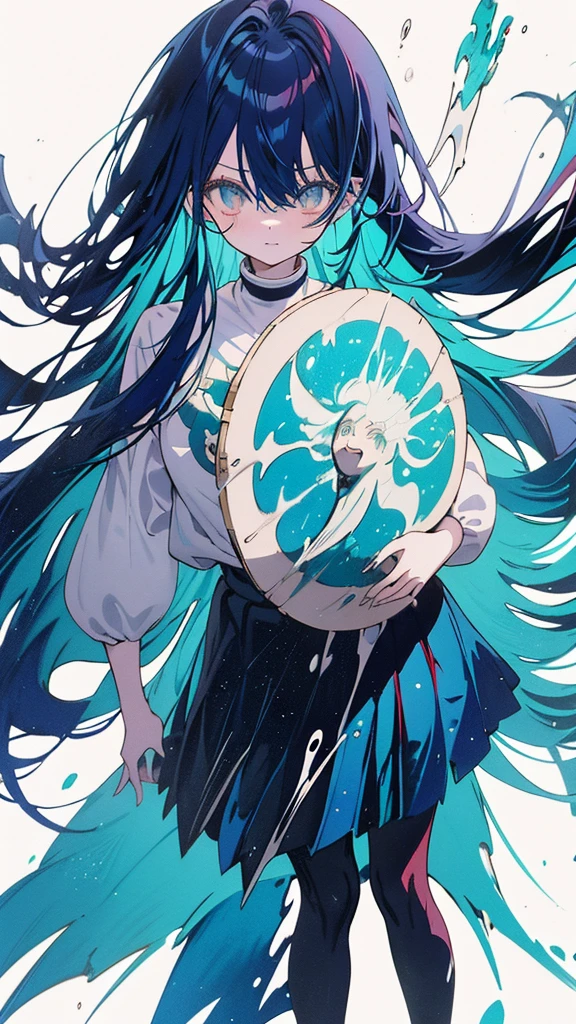 Blue-haired long hair,Design clothing,Seven-doppelganger shot,Anime style 4K,Anime girl with teal hair,High quality anime art style,Standing painting,Splash ink background,Blue Themes、Pure white background,Buildings,Face close-up,Buildings,Moon and sun、Long legs, whale flying in the sky,giant whale