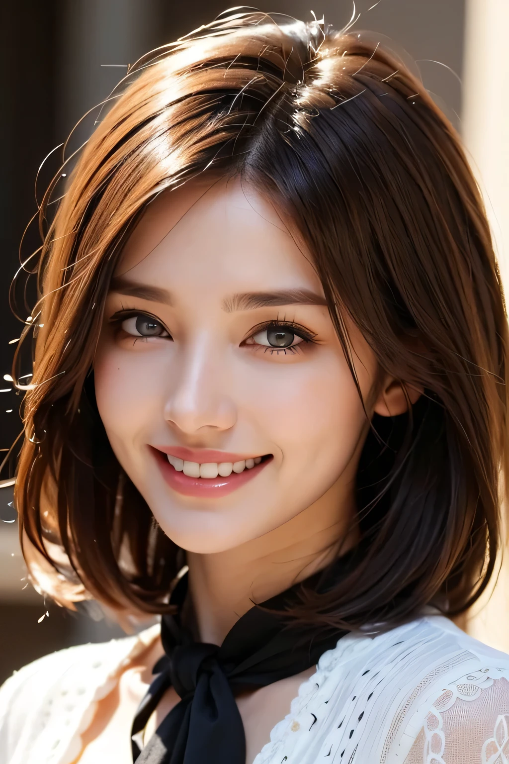((masterpiece)), ((Highest quality)), ((Complex)), ((Surreal)), (Realistic), (Mature Woman), ((There are no classes)), Very detailed, (1 female), Beautiful and exquisite, (Beautiful Teeth), Grin, Brunette Bob Hair, Brown eyes, ((blouse)), (Upper Body), (background:none), Perfect Eyes, Captivating eyes, Looking at the audience