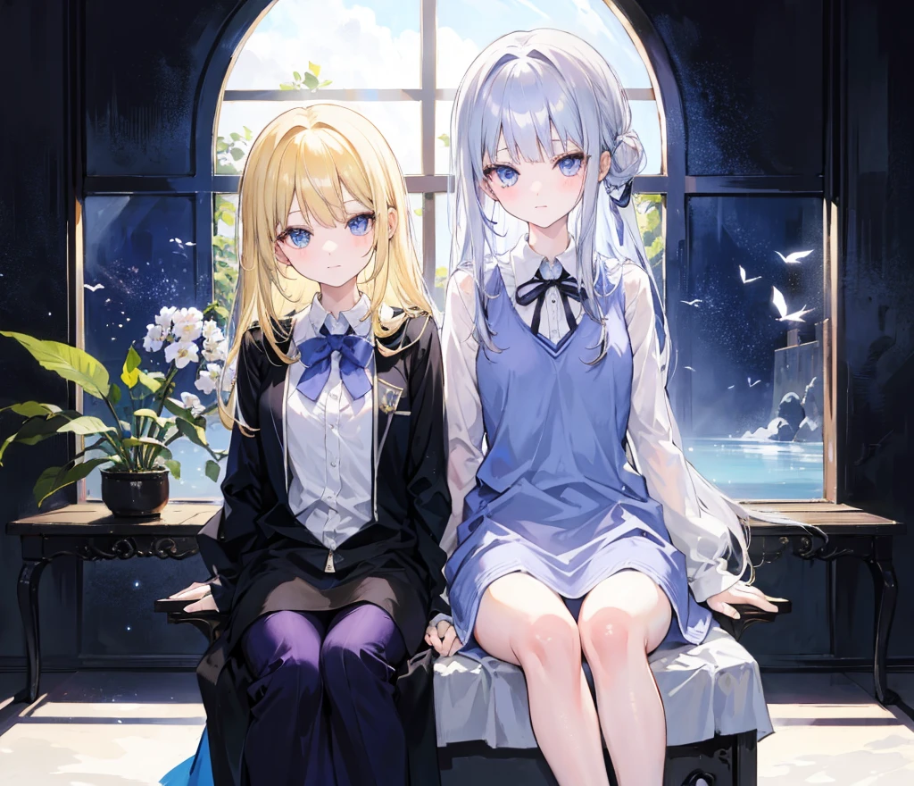 Anime girl1, long. Grey  hair, blue eyes, (hair blows to the left side perfect long bangs) Wearing a bright blonde vest, wearing a blonde hoodie vest,Using a blue jabot) head pose to the right without looking ahead, (Room background, open glass school windows, shiny tables)), clear photo frame of a beautiful woman, The right hand holds a flower stem with white petals that have withered, smiled, Hand holding a rectangular glass aquarium filled with purple flowers