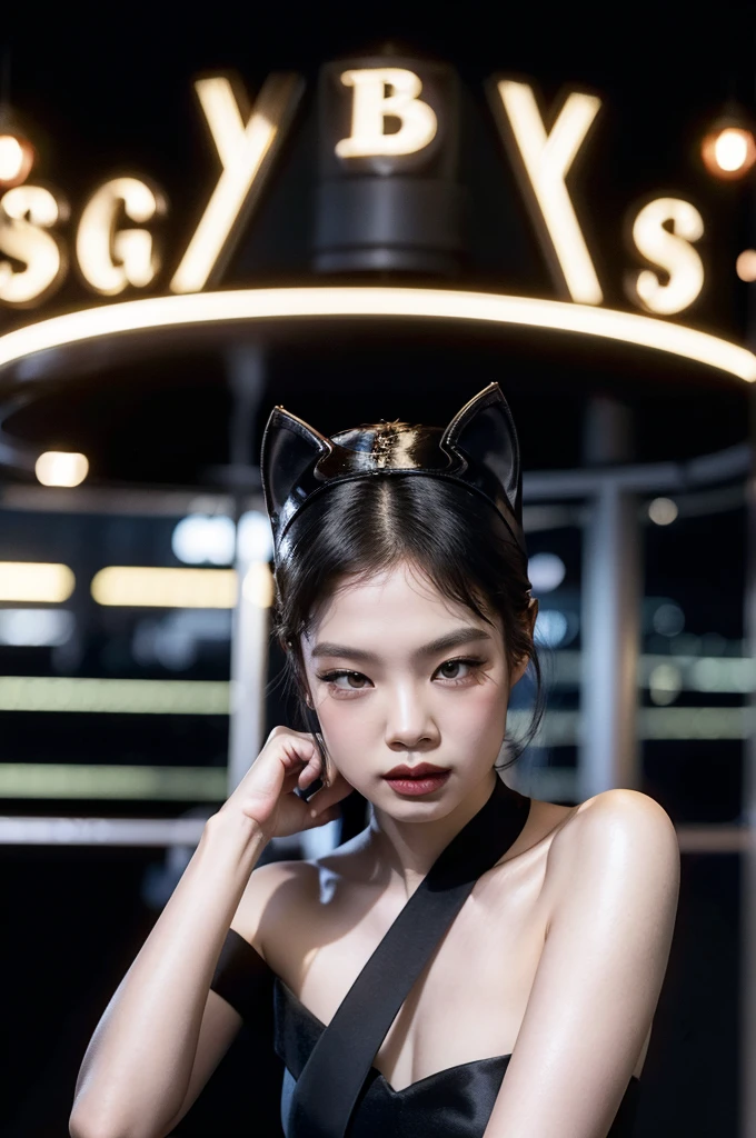 Jennie, blackpink, Short shoulder-length black hair, dressed as catwoman, realisitic