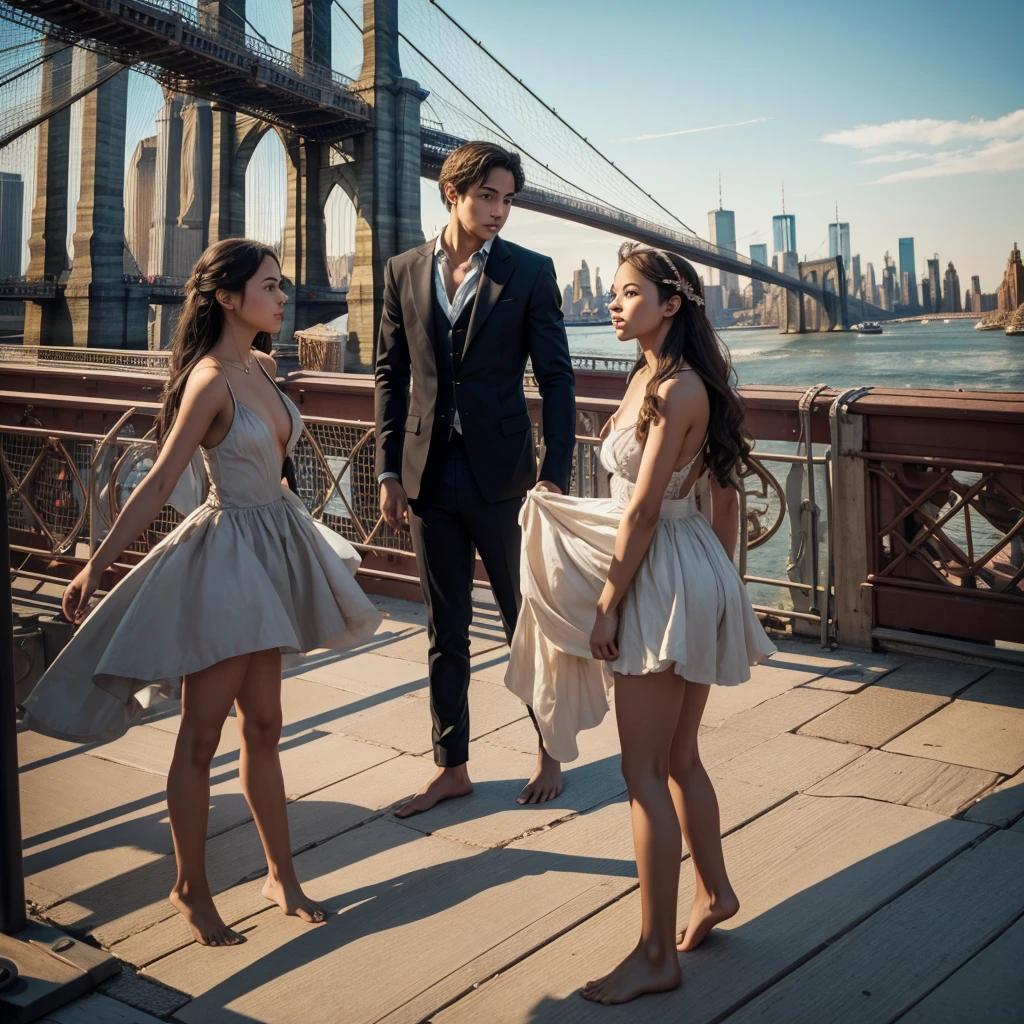 Romeo and Juliet, without clothes, barefoot, stand on the Brooklyn Bridge in N. Y.