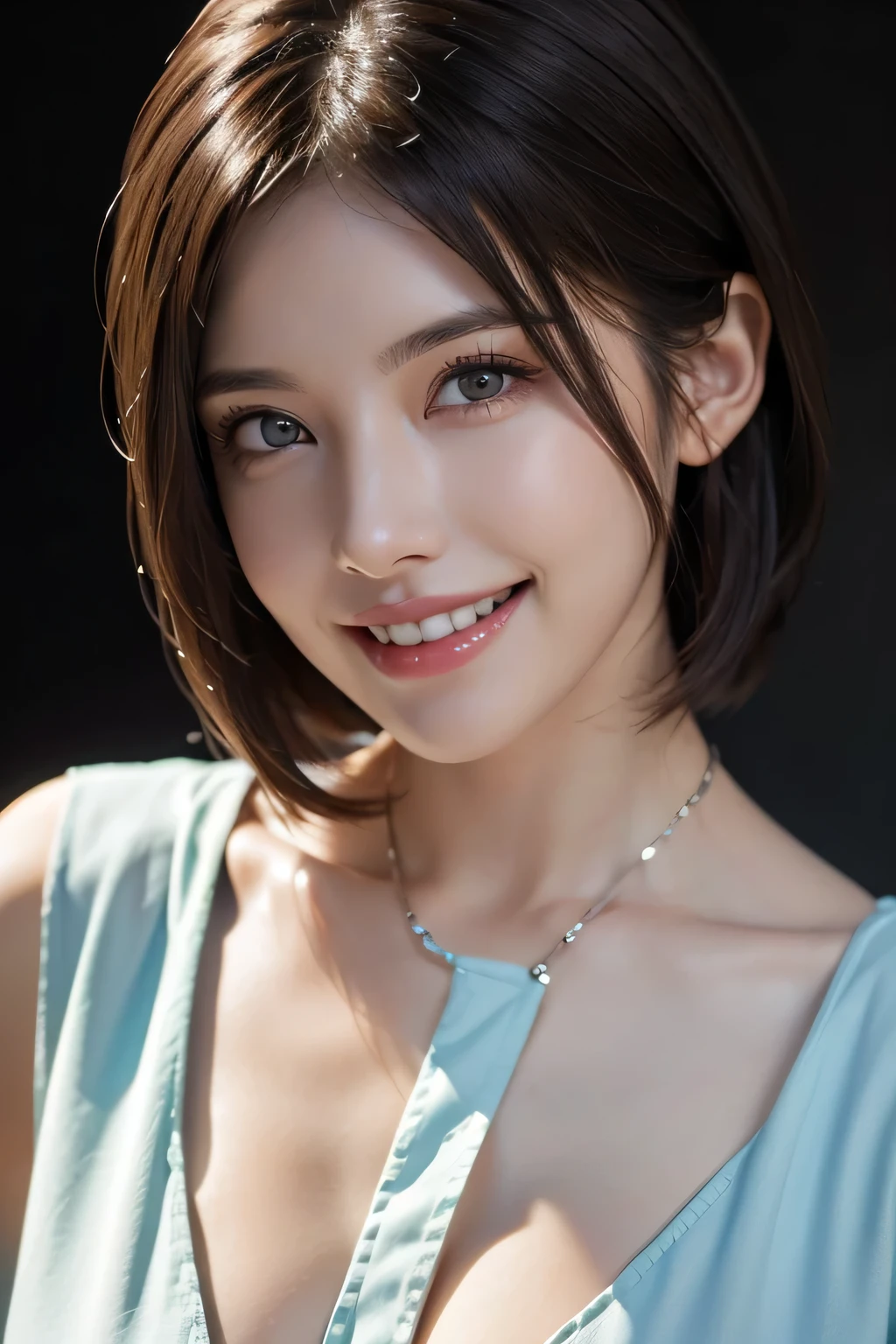 ((masterpiece)), ((Highest quality)), ((Complex)), ((Surreal)), (Realistic), (Mature Woman), ((There are no classes)), Very detailed, (1 female), Beautiful and exquisite, (Beautiful Teeth), Grin, Brunette Bob Hair, Brown eyes, ((blouse)), (Upper Body), (background:none), Perfect Eyes, Captivating eyes, Looking at the audience