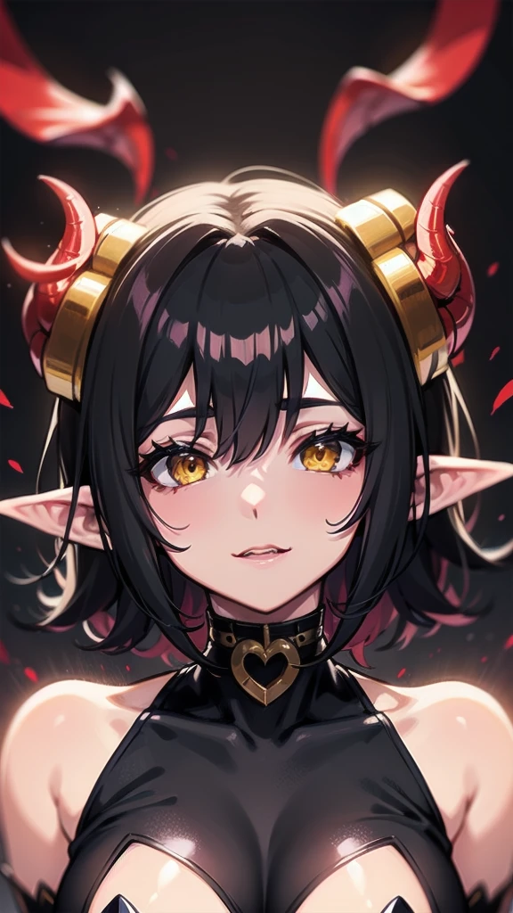 Devil Girl, Black Hair, Pointed Ears, Yellow Eyes, short hair, choker, , Devil horns, Devil&#39;s Tail, Red Corner, break (Sticking out tongue:1.2, Black mini skirt:1.2, Gold Bikini:1.5, Gold Micro Bikini, shirt:1.2), (Red skin:1.8), Shiny skin, On the bed, pillow, break large breasts, Wide Hips, Open your mouth, Nipples, Happy, smile, Blushing, Breath Cheek, Sweat, Take off, break (Focus on the girl),