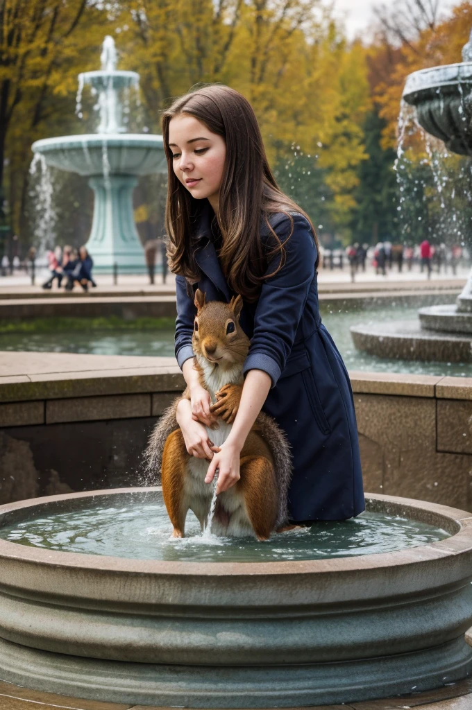 a girl feeds a squirrel against the background of the Samson fountain in Peterhof